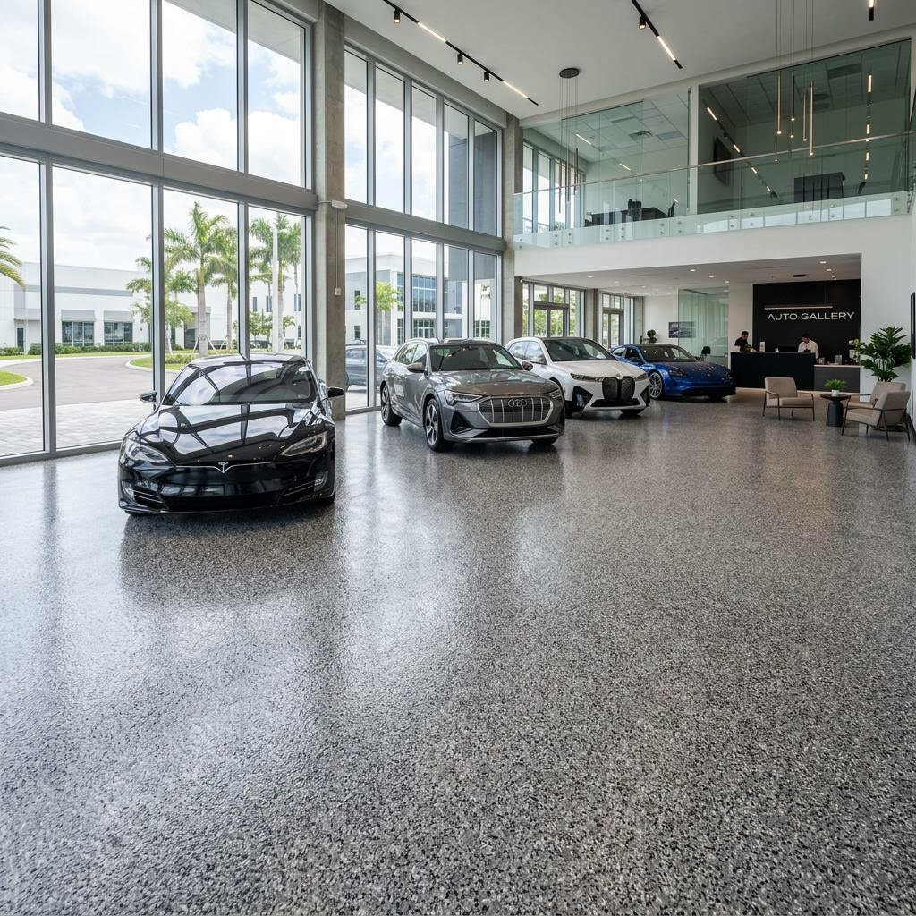 Decorative epoxy flake flooring in a commercial showroom