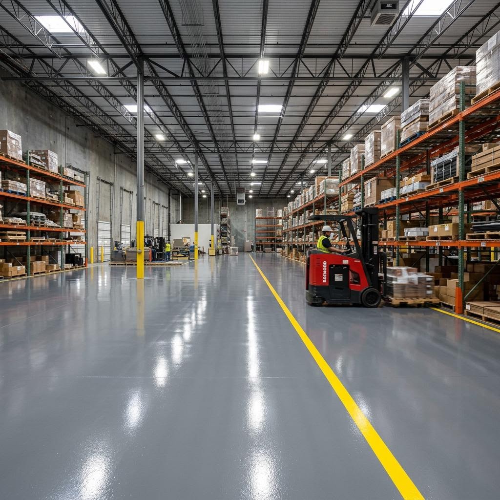 Solid color heavy duty industrial epoxy flooring in a warehouse