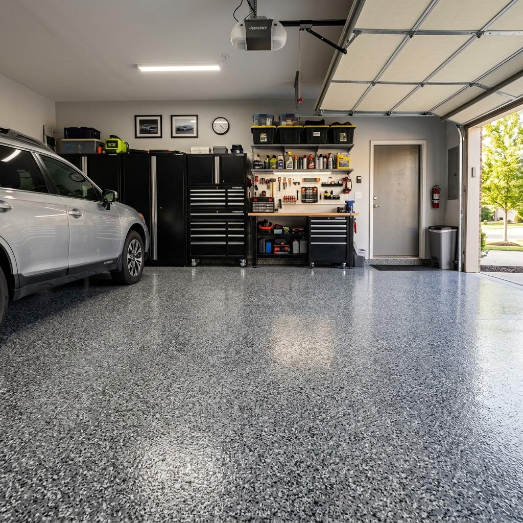 Full-flake epoxy garage floor with decorative vinyl chip blend in a residential garage