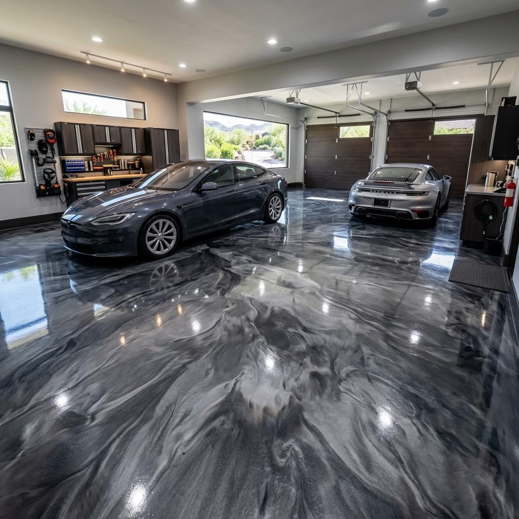 Metallic epoxy garage floor with marbled pearlescent designer finish