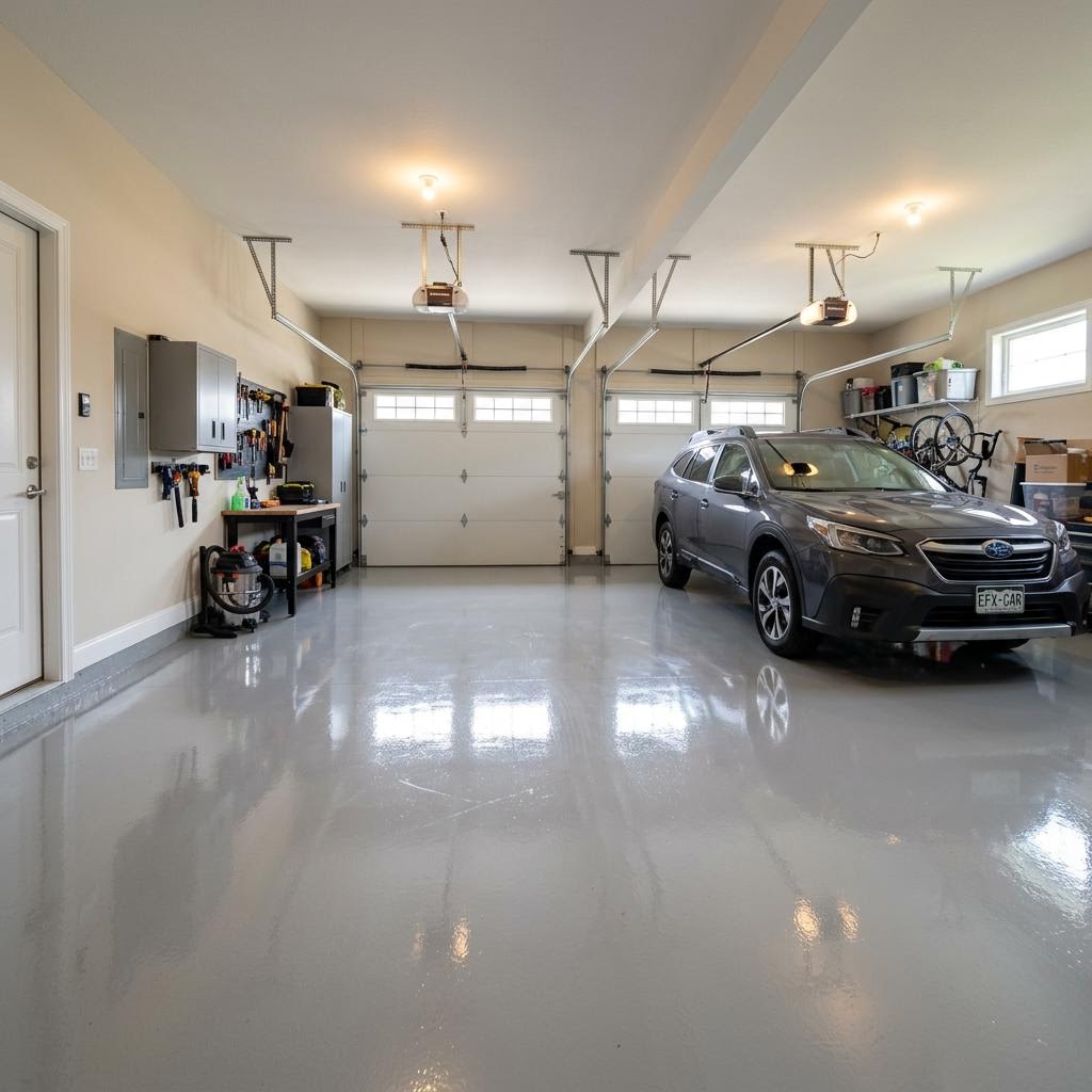 Solid gray epoxy and polyaspartic garage floor coating in a clean residential garage