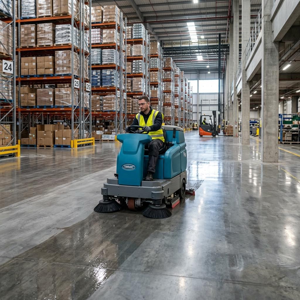 Fregadora automática realizando limpieza rutinaria en un piso epóxico comercial