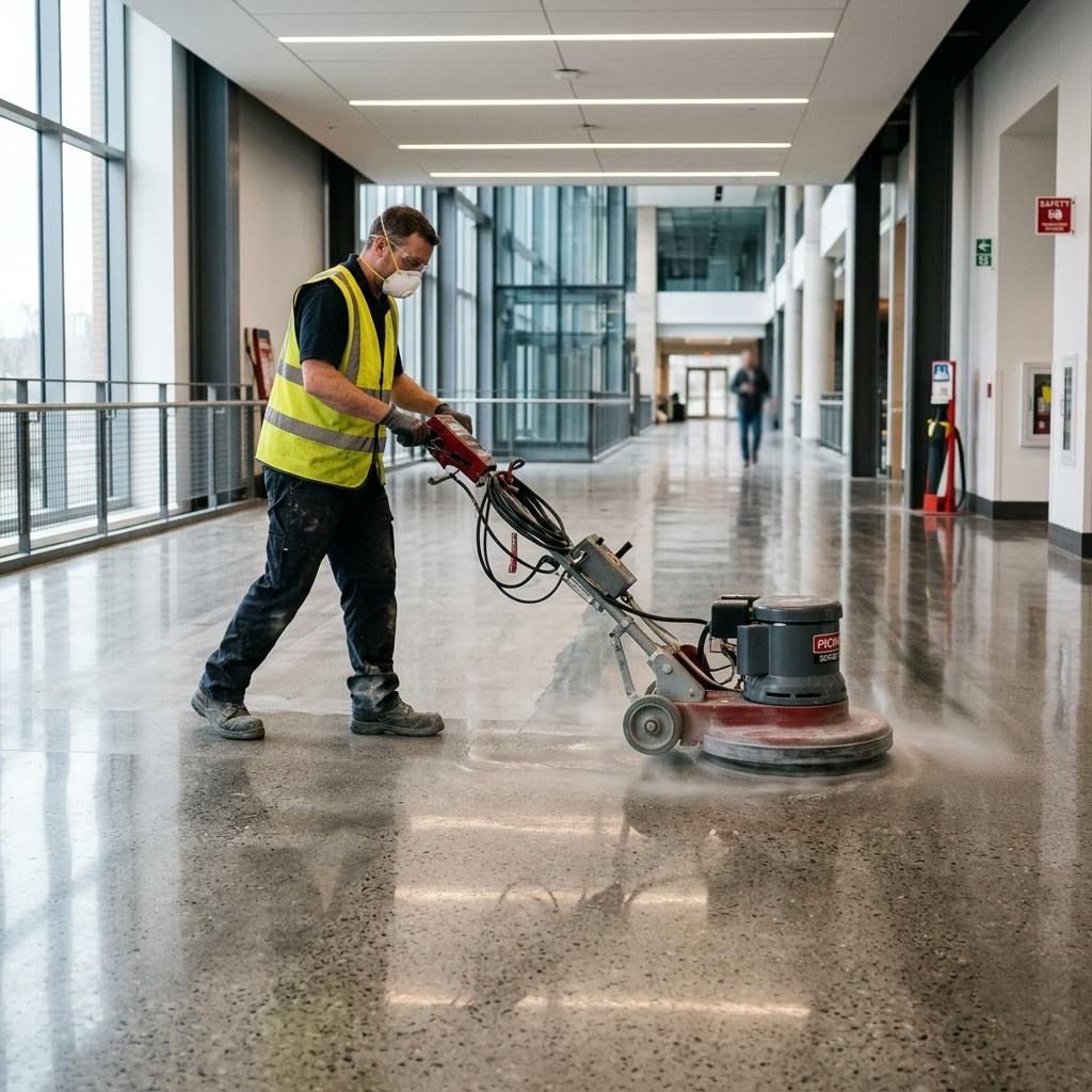 Pulidora de alta velocidad restaurando el brillo en un piso de concreto pulido
