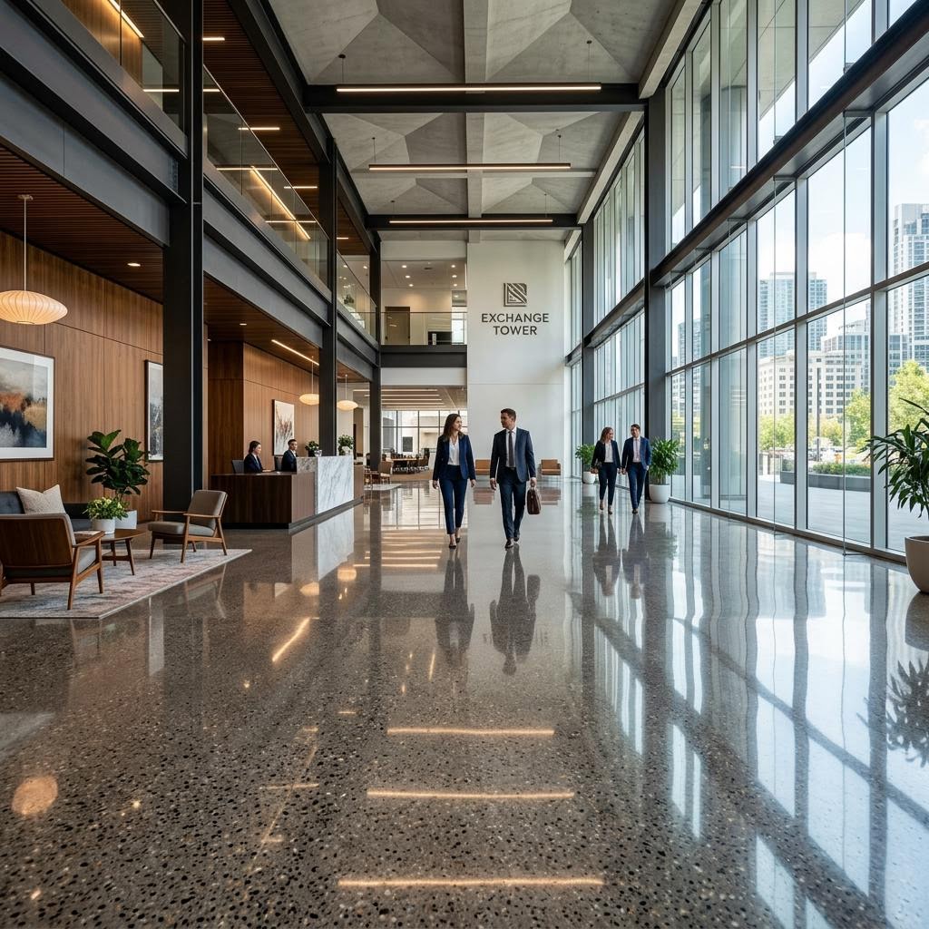 High-gloss Level 4 polished concrete floor in a corporate lobby