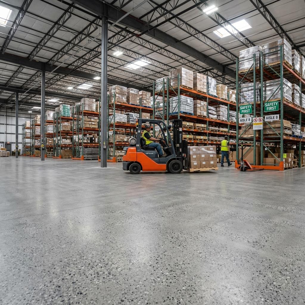 Matte Level 1-2 polished concrete floor in an industrial warehouse