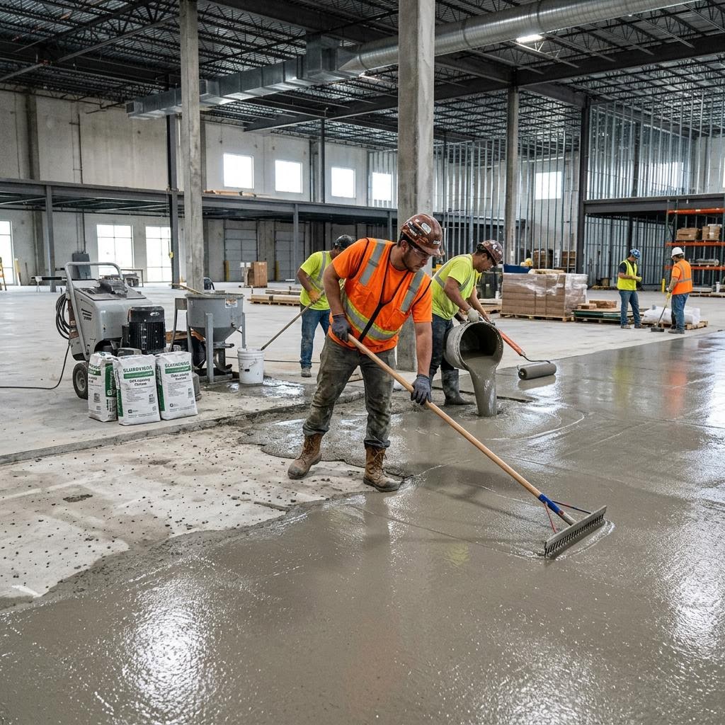 Recubrimiento cementicio autonivelante vertiéndose sobre una losa de concreto industrial desnivelada