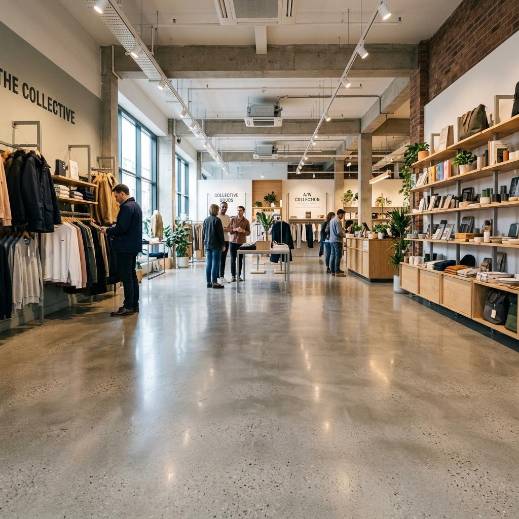 Acrylic film-forming sealed concrete floor in a commercial retail space