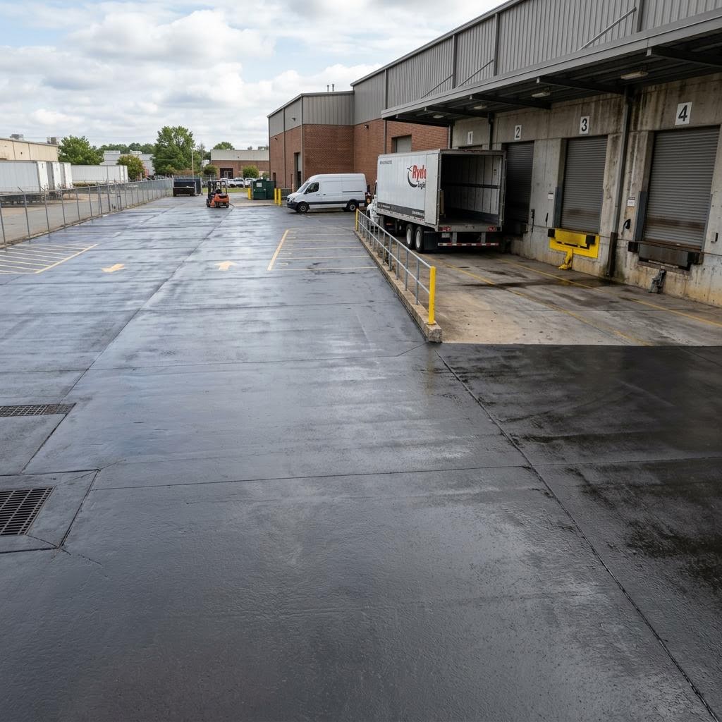 Exterior sealed concrete pavement at a commercial loading dock