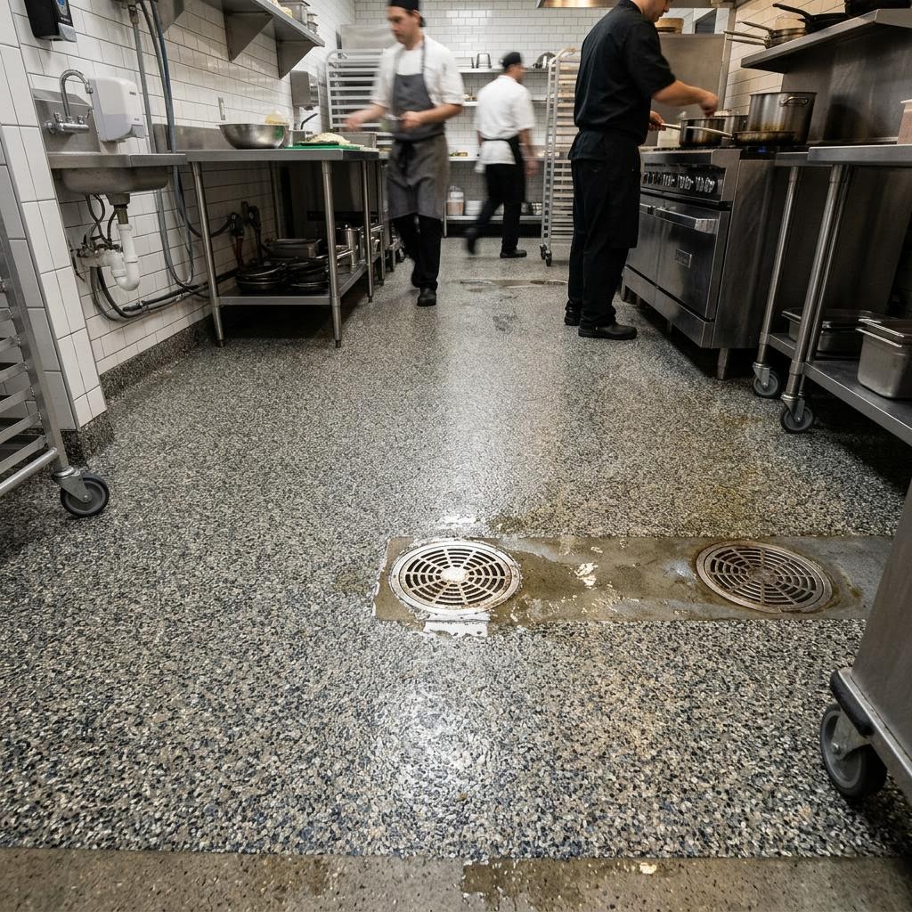 Anti-slip broadcast quartz flooring in a wet processing area