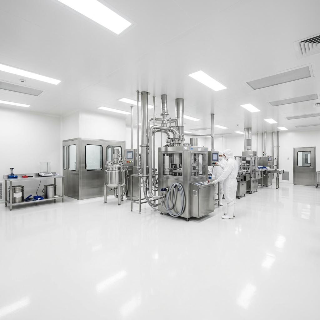 Seamless clean room flooring with coved integral base in a controlled environment