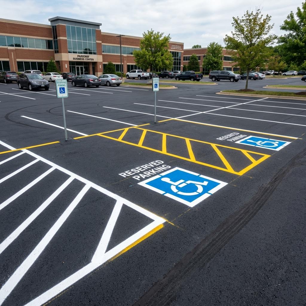 Freshly striped commercial parking lot with stalls, directional arrows, and ADA accessible symbols
