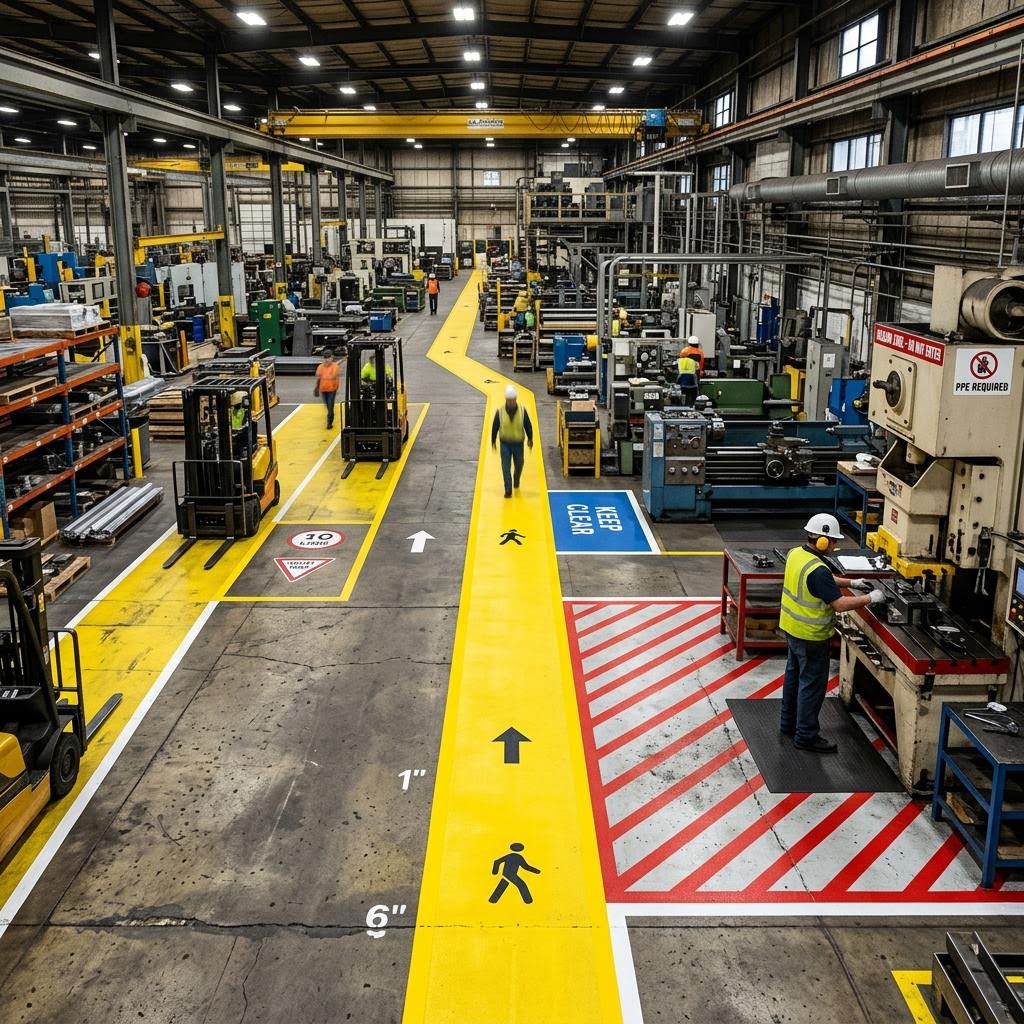 Color-coded safety floor markings around equipment and electrical panels in an industrial facility