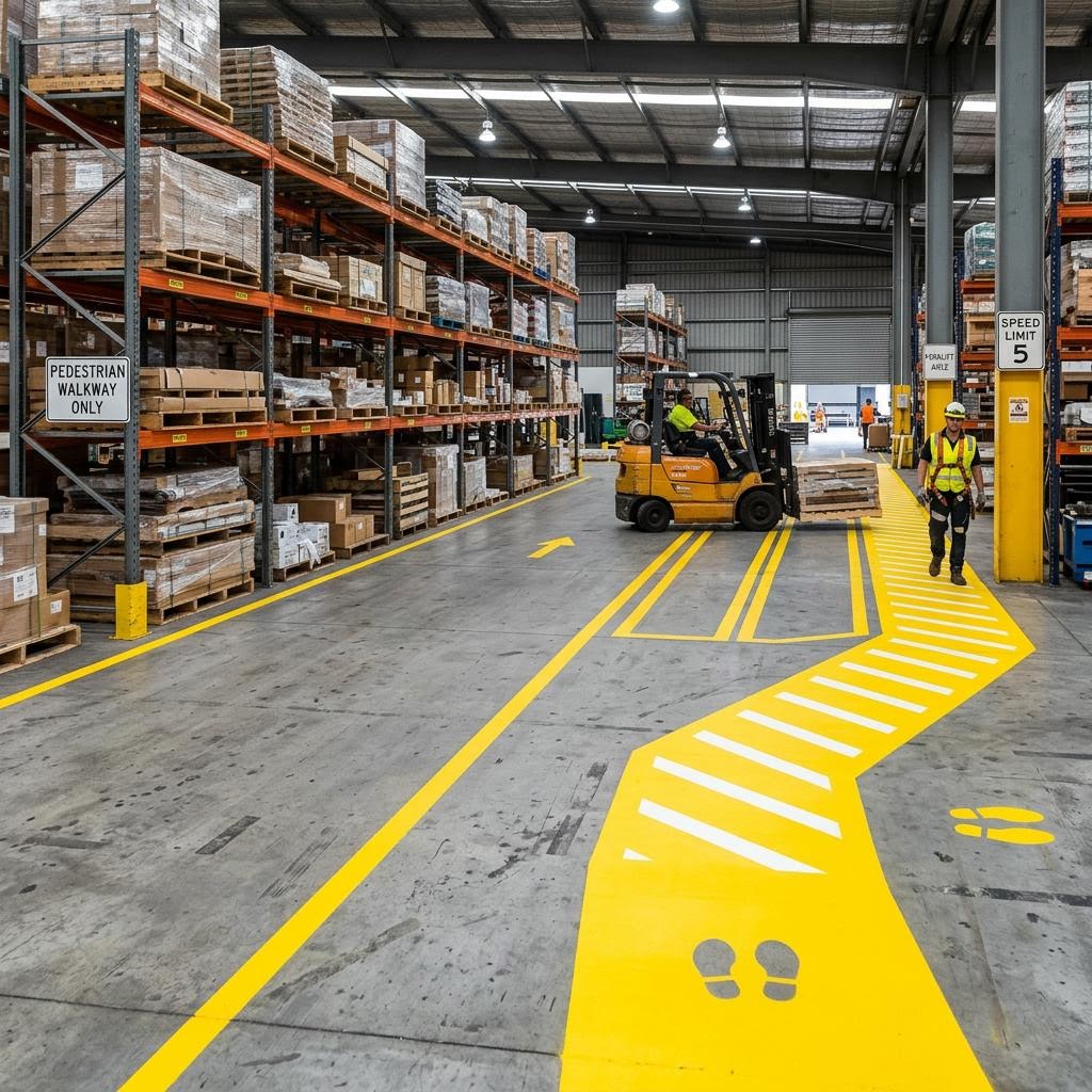 Yellow warehouse aisle and pedestrian walkway line striping on a concrete floor