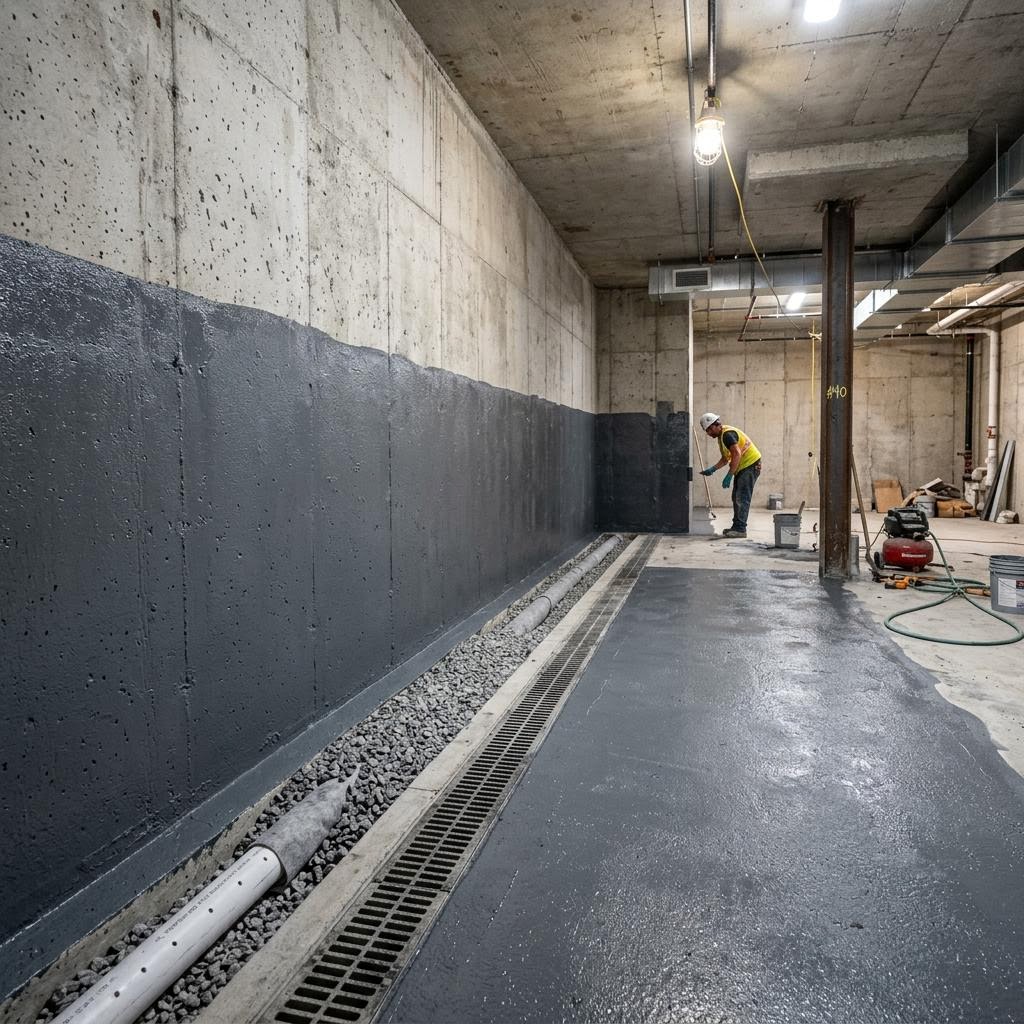 Impermeabilización cristalina bajo nivel aplicada a una pared y losa de concreto de sótano