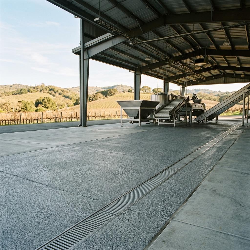 Winery Crush Pad Flooring: Slope, Traction, Acid and Timing