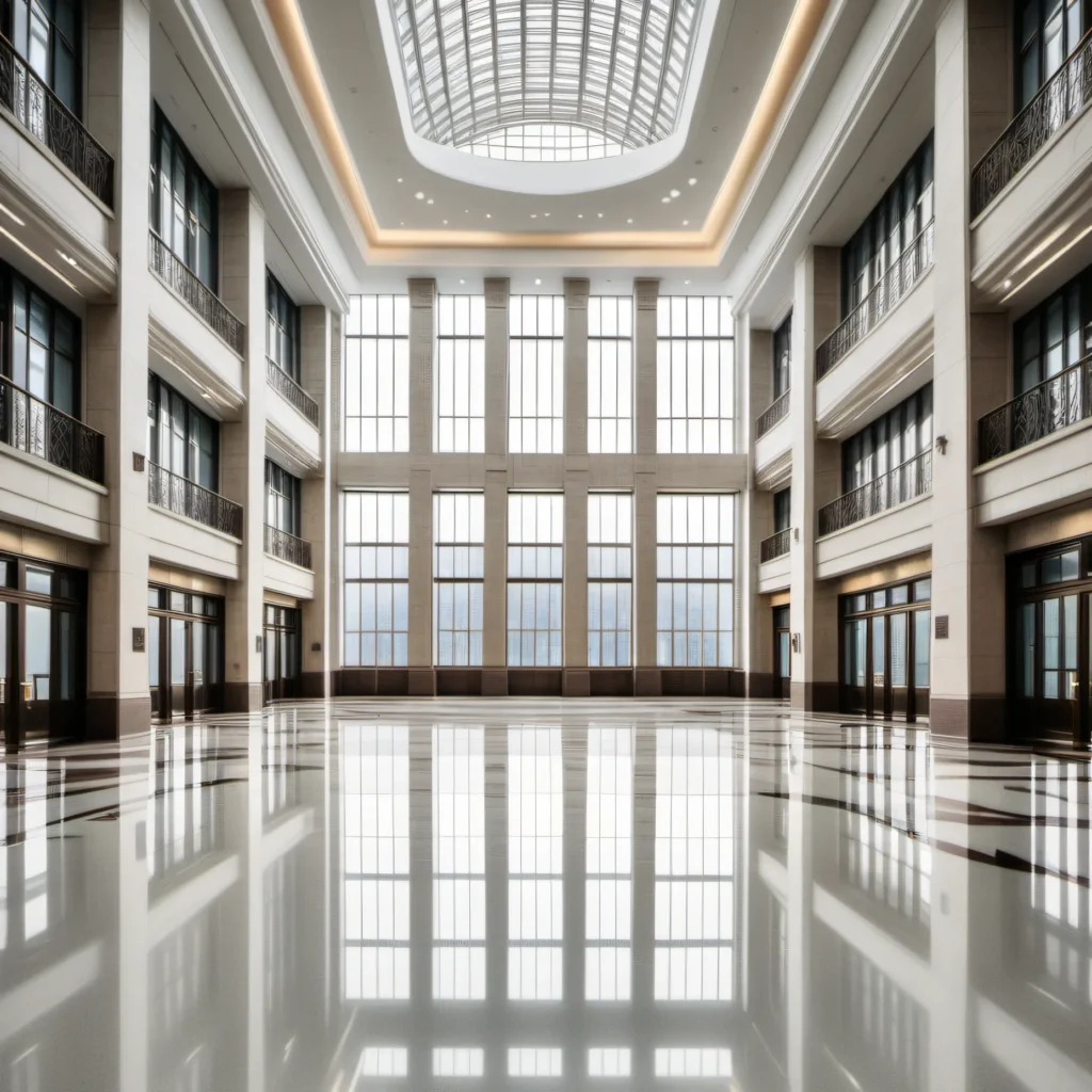 A large government building foyer, with epoxy, concrete, sealed, laminate flooring, in a brightly lit space with large windows in the distance