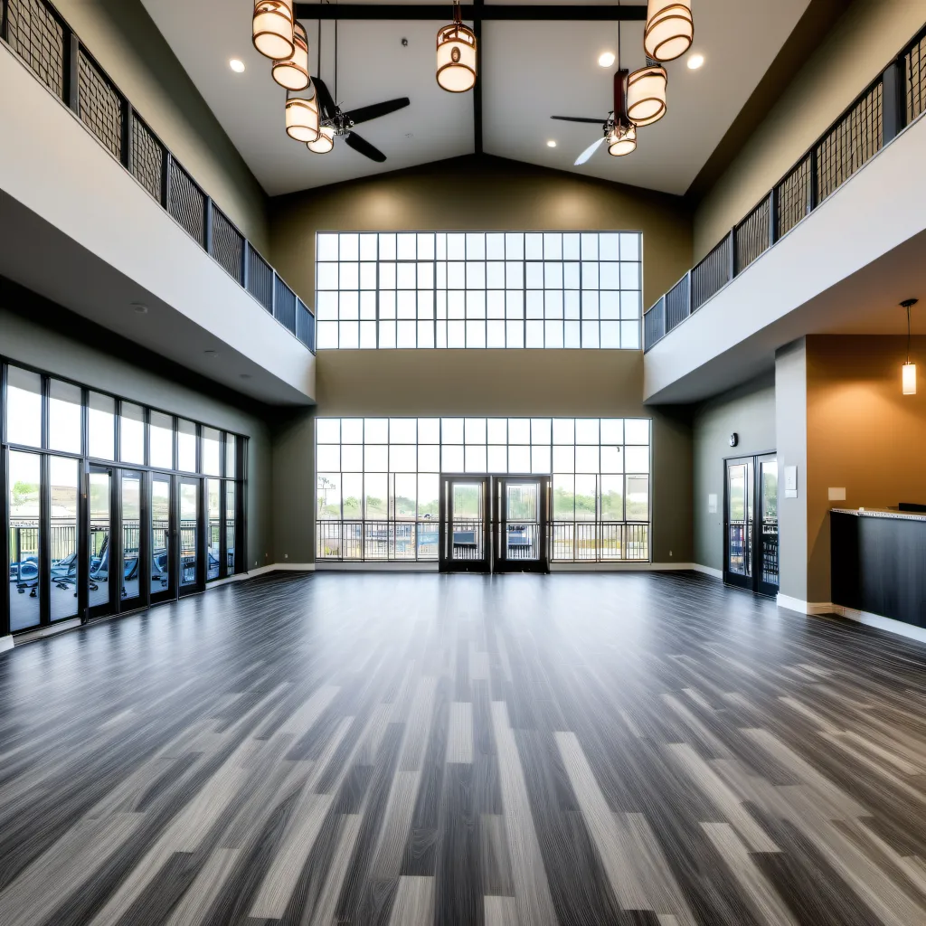 A community center building, with epoxy, laminate flooring, large bright open windows in the distance.