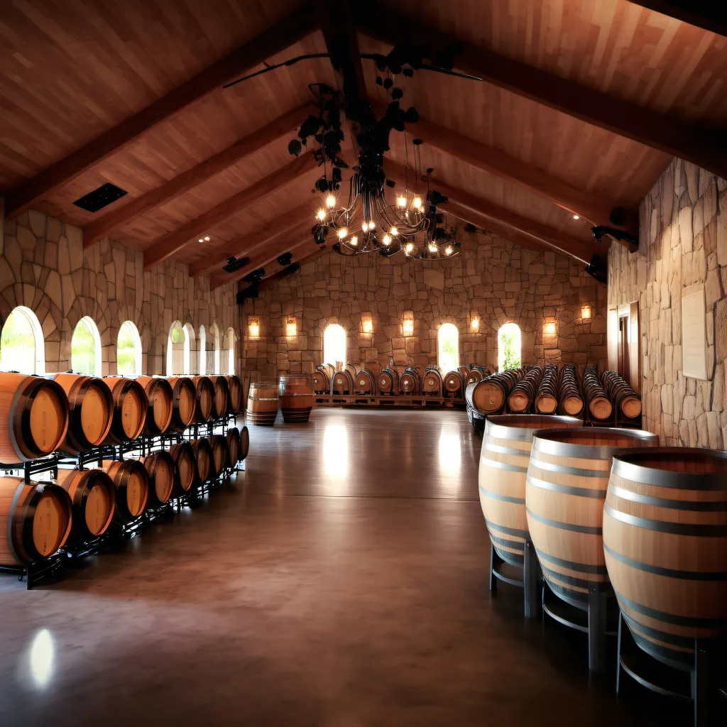 A dimly lit interior winery room, with finished concrete, epoxy, polished floors, wine, barrels along the sides, in bespoke stone wall.