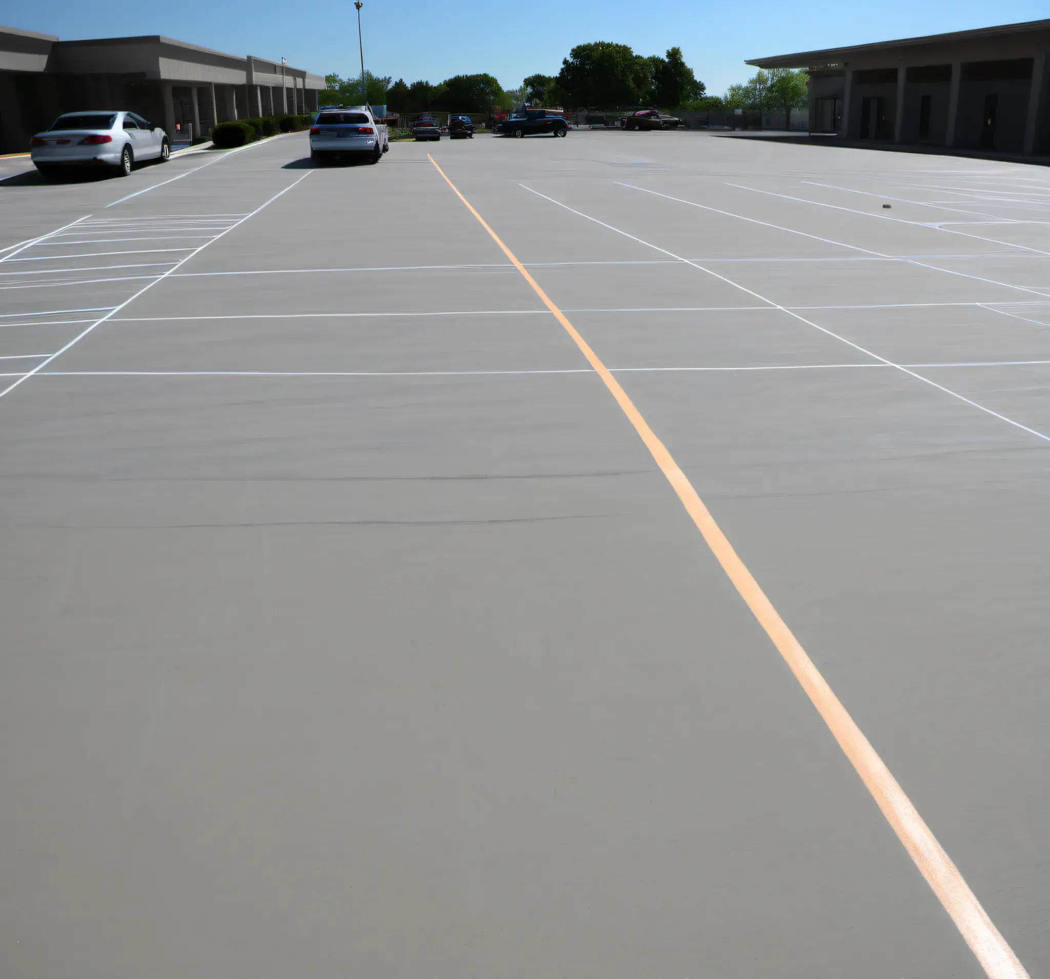 Outdoor line striping in a commercial space parking lot, with buildings along the sides, several cars parked in the distance, taken during the day with a clear sky